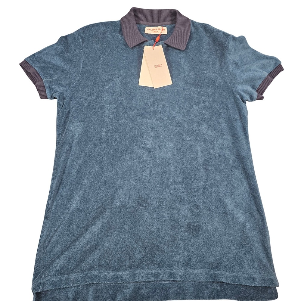 Orlebar Brown Jarrett Towelling Polo Shirt Blue Slate Mens XL NWT 273879